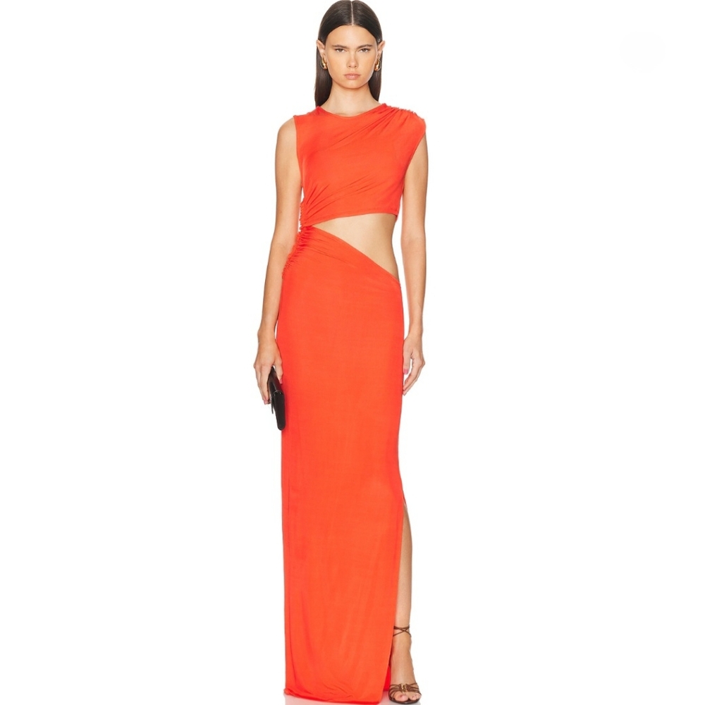 Atlein Co. Orange Cut Out Gathered Waist Sleeveless Long Jersey Maxi Dress Sz M